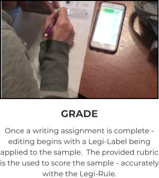 GRADE Once a writing assignment is complete - editing begins with a Legi-Label being applied to the sample.  The provided rubric is the used to score the sample - accurately withe the Legi-Rule.
